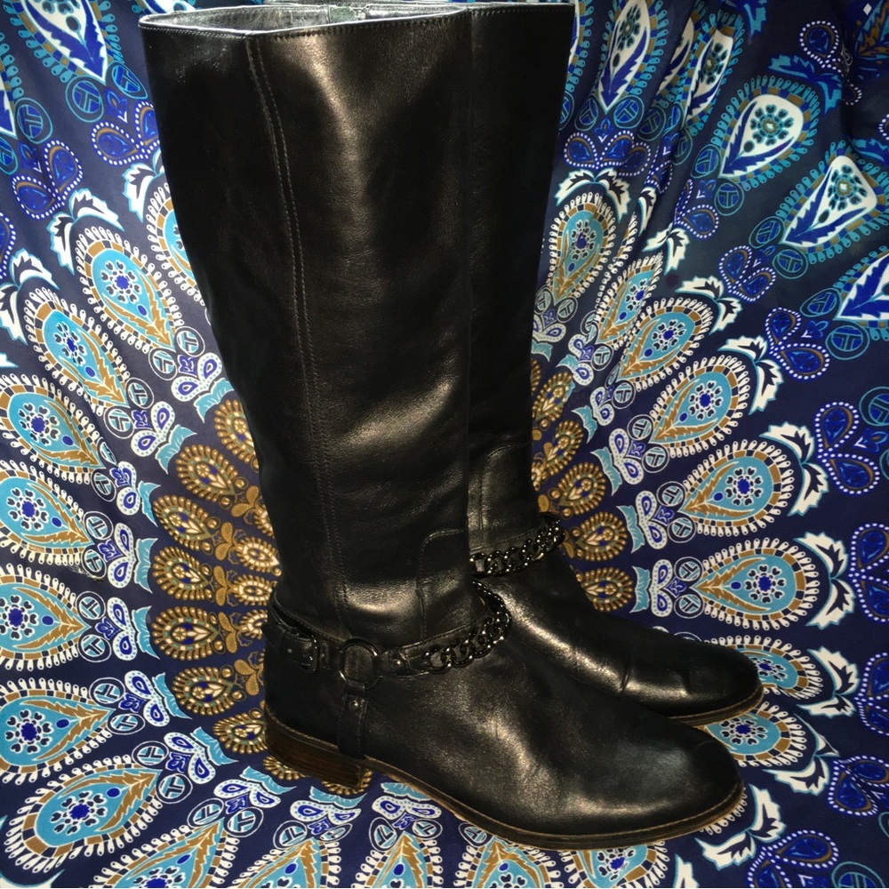 COACH black Leather riding Boots EUC Mabel A00193 size 10 black knee high chain